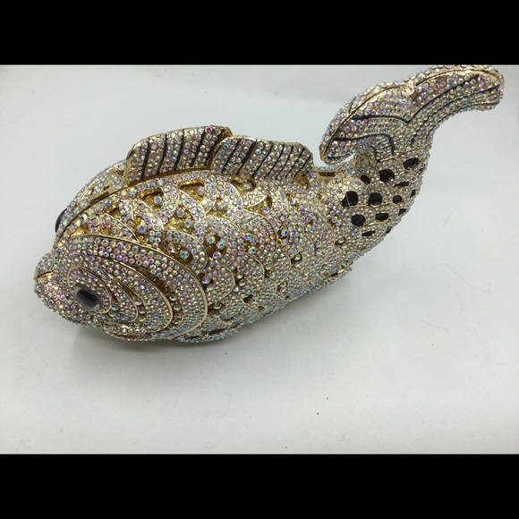 Swarovski Crystals Gold/Blk Fish Minaudiere Bag! - Picture 7 of 7